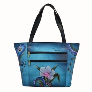 Anuschka Hand Painted Bag Handbag Tote Flower Purse Floral Blue (TD)